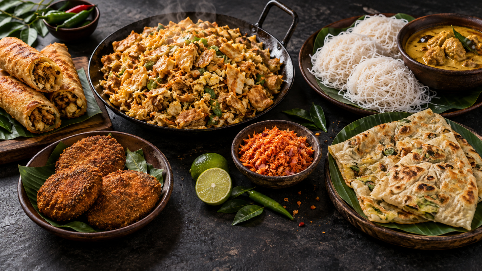 A colourful spread of Sri Lankan street food including kottu, rolls and sambol